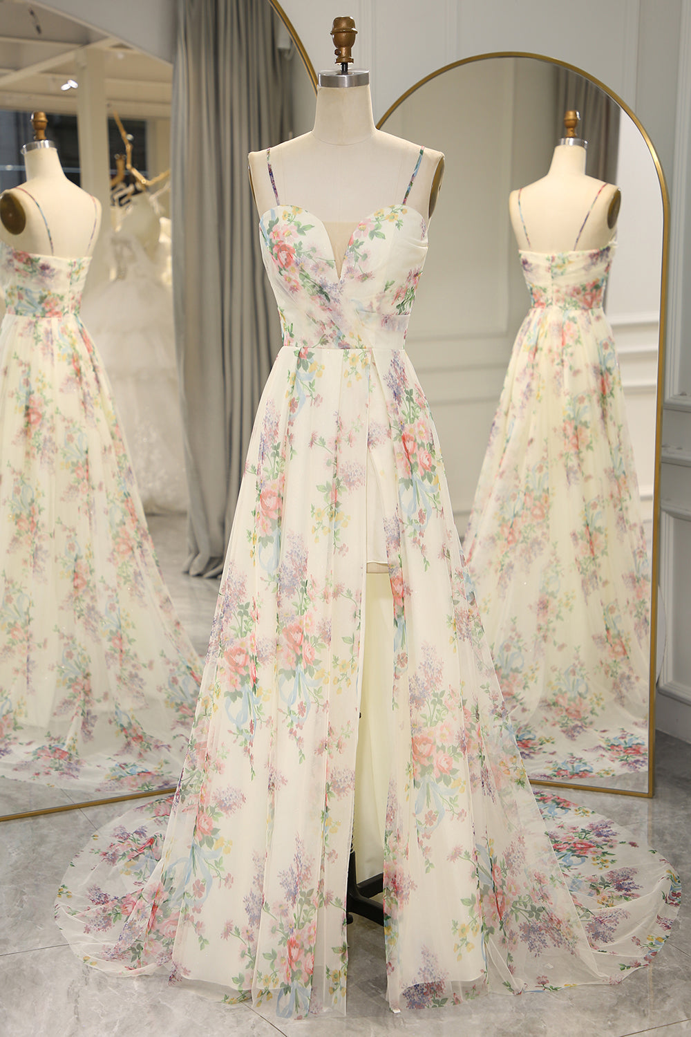Luolandi A Line Flower Spaghetti Straps Long Prom Dress With Slit Beautiful
